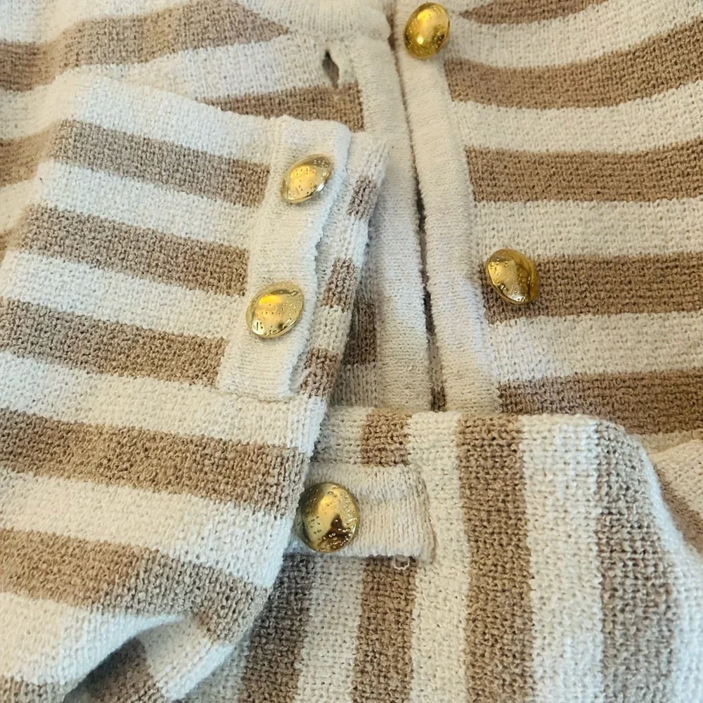Striped Beige and White Cardigan with Gold Buttons - Picture 4 of 5